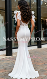 V Neck Trumpet Mermaid Satin Tie Shoulder Wedding Dress