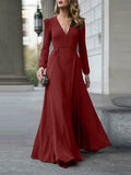 Long Sleeve Cinched Waist V-Neck Maxi Dress