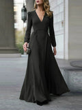 Long Sleeve Cinched Waist V-Neck Maxi Dress