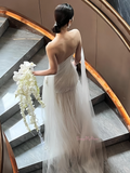 A Line Pleats Tulle One Shoulder Wedding Dress