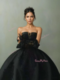 Black Flower Strapless Ball Gown Long Sleeve Prom Dress