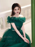 A Line Tulle Flower Green Ruffles Prom Dress