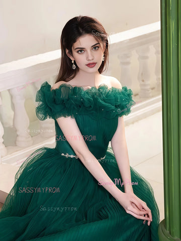 A Line Tulle Flower Green Ruffles Prom Dress US6 A Line Tulle Flower Green Ruffles Prom Dress US6
