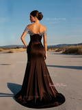 Beading Satin Trumpet Mermaid Off The Shoulder Brown Prom Dress With Slit