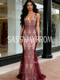 V Neck Trumpet Mermaid Burgundy Sparkle Tulle Prom Dress