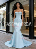Satin Trumpet Mermaid Ruffles Light Blue Strapless Prom Dress