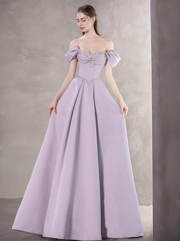 Sweetheart Beading A Line Lavender Satin Off The Shoulder Prom Dress