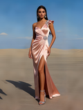 One Shoulder Beading Pink Satin Prom Dress With Slit