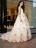 Flower Ball Gown Luxury Tulle White V Neck Prom Dress