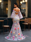 Tulle Off The Shoulder Flowers Puffy Sleeve Trumpet Mermaid Prom Dress