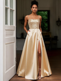 Satin Beading Gold Spaghetti Straps Prom Dress With Slit