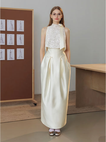 Two Piece Satin Sheath Column Pocket Lace Wedding Dress