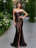 Beading Trumpet Mermaid Satin Coffee SweetheartProm Dress With Slit