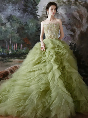 green layered prom dress Green Plunging V Two-Piece Ruffle Layers A-line Long Prom Dress Green / US 10