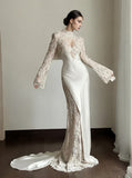 Lace Trumpet Mermaid Two Piece Long Sleeve Backless Wedding Dress