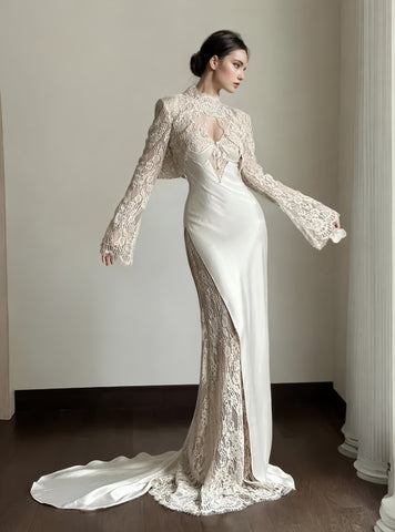 Lace Trumpet Mermaid Two Piece Long Sleeve Backless Wedding Dress