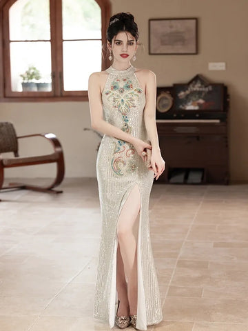 Trumpet Mermaid Sequin Floral Champagne High Neck Prom Dress With Slit