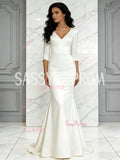 V Neck Satin Trumpet Mermaid Ivory Half Sleeve Wedding Dress