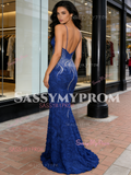 Trumpet Mermaid Flower Royal Blue Beading V Neck Prom Dress