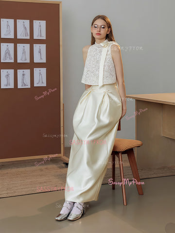 Two Piece Satin Sheath Column Pocket Lace Wedding Dress Custom Made / Pink Two Piece Satin Sheath Column Pocket Lace Wedding Dress Custom Made / Pink