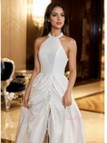 Satin A Line Halter Wedding Dress With Slit