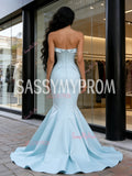 Satin Trumpet Mermaid Ruffles Light Blue Strapless Prom Dress
