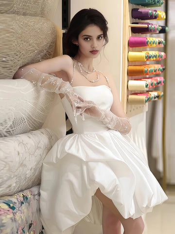 Short Mini Satin A Line Strapless Wedding Dress