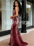 V Neck Trumpet Mermaid Burgundy Sparkle Tulle Prom Dress
