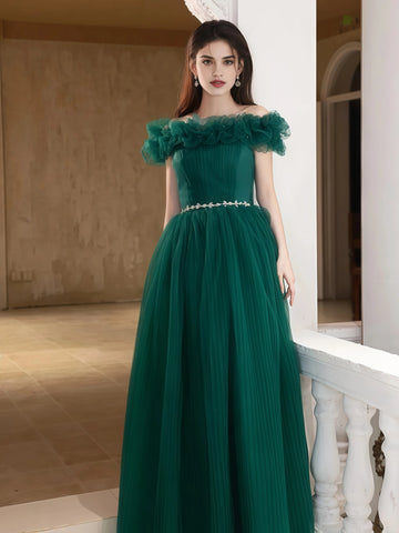 A Line Tulle Flower Green Ruffles Prom Dress