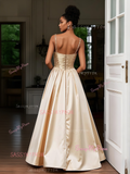 Satin Beading Gold Spaghetti Straps Prom Dress With Slit