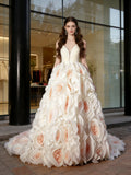 Flower Ball Gown Luxury Tulle White V Neck Prom Dress