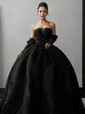 Black Flower Strapless Ball Gown Long Sleeve Prom Dress