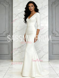 V Neck Satin Trumpet Mermaid Ivory Half Sleeve Wedding Dress