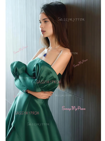 A Line Satin Strapless Dark Green Prom Dress With Slit US8 / Yellow A Line Satin Strapless Dark Green Prom Dress With Slit US8 / Yellow