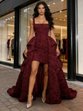Tulle Square High Low Burgundy Ruffles Prom Dress