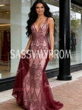 V Neck Trumpet Mermaid Burgundy Sparkle Tulle Prom Dress