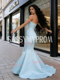 Satin Trumpet Mermaid Ruffles Light Blue Strapless Prom Dress
