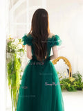 A Line Tulle Flower Green Ruffles Prom Dress