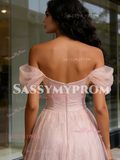 Flower A Line Sparkle Pink Off The Shoulder Prom Dress