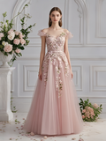 Appliques A Line Pink Tulle Off The Shoulder Flower Prom Dress