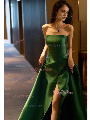 A Line Satin Strapless Dark Green Prom Dress With Slit US12 / Red A Line Satin Strapless Dark Green Prom Dress With Slit US12 / Red