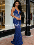 Trumpet Mermaid Flower Royal Blue Beading V Neck Prom Dress
