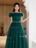 A Line Tulle Flower Green Ruffles Prom Dress