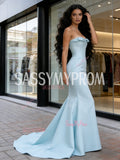 Satin Trumpet Mermaid Ruffles Light Blue Strapless Prom Dress