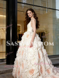Flower Ball Gown Luxury Tulle White V Neck Prom Dress