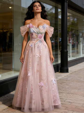 Flower A Line Sparkle Pink Off The Shoulder Prom Dress