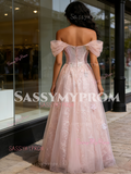 Flower A Line Sparkle Pink Off The Shoulder Prom Dress