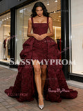 Tulle Square High Low Burgundy Ruffles Prom Dress