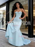 Satin Trumpet Mermaid Ruffles Light Blue Strapless Prom Dress