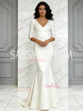 V Neck Satin Trumpet Mermaid Ivory Half Sleeve Wedding Dress